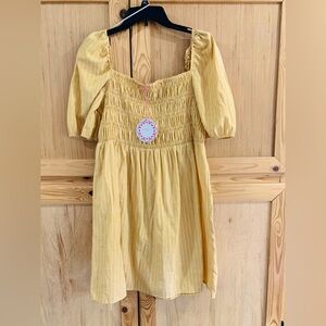 Umgee Yellow Pinstripe Smocked Puff Sleeve Mini Dress